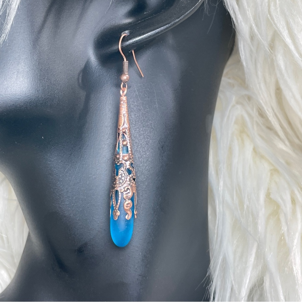 Artisan Boho Elegant Brilliant Blue Frosted Glass Antique Copper Drop Earrings - Picture 8 of 11